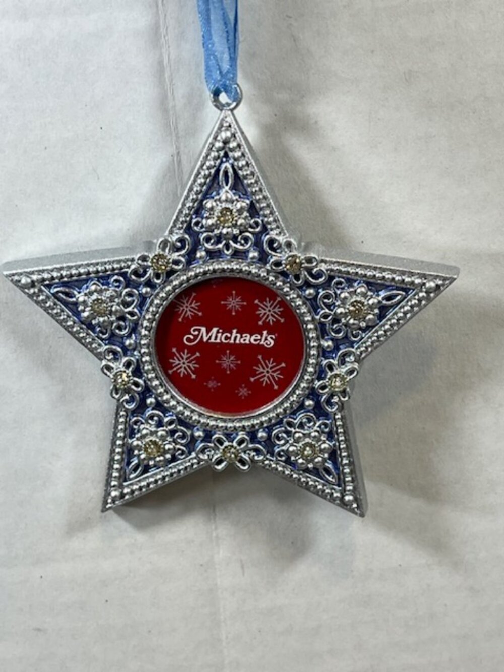 Silver Blue Enamel Star Shaped Metal Rhinestones Photo Frame Christmas Ornament